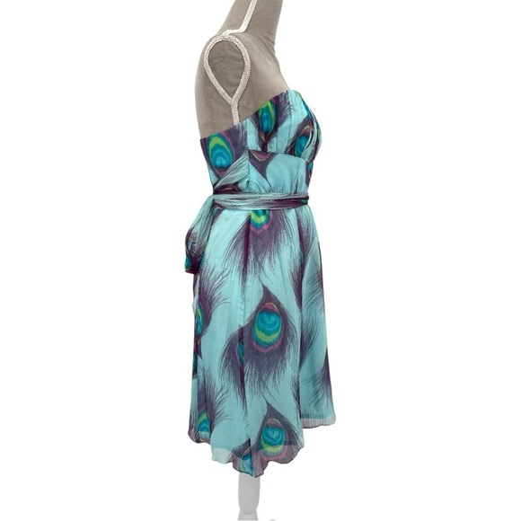 Nanette Lepore Peacock Print Shirred Strapless Silk Dress - Light Blue - Size 4 - Picture 4 of 7